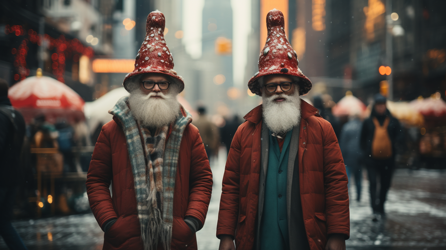 Eccentric characters in festive attire explore snowy New York