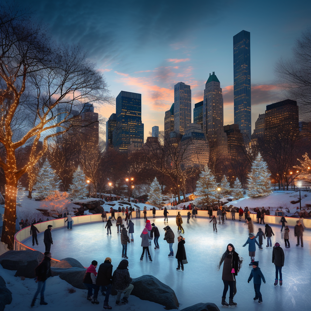 Happy people ice skating in Central Park