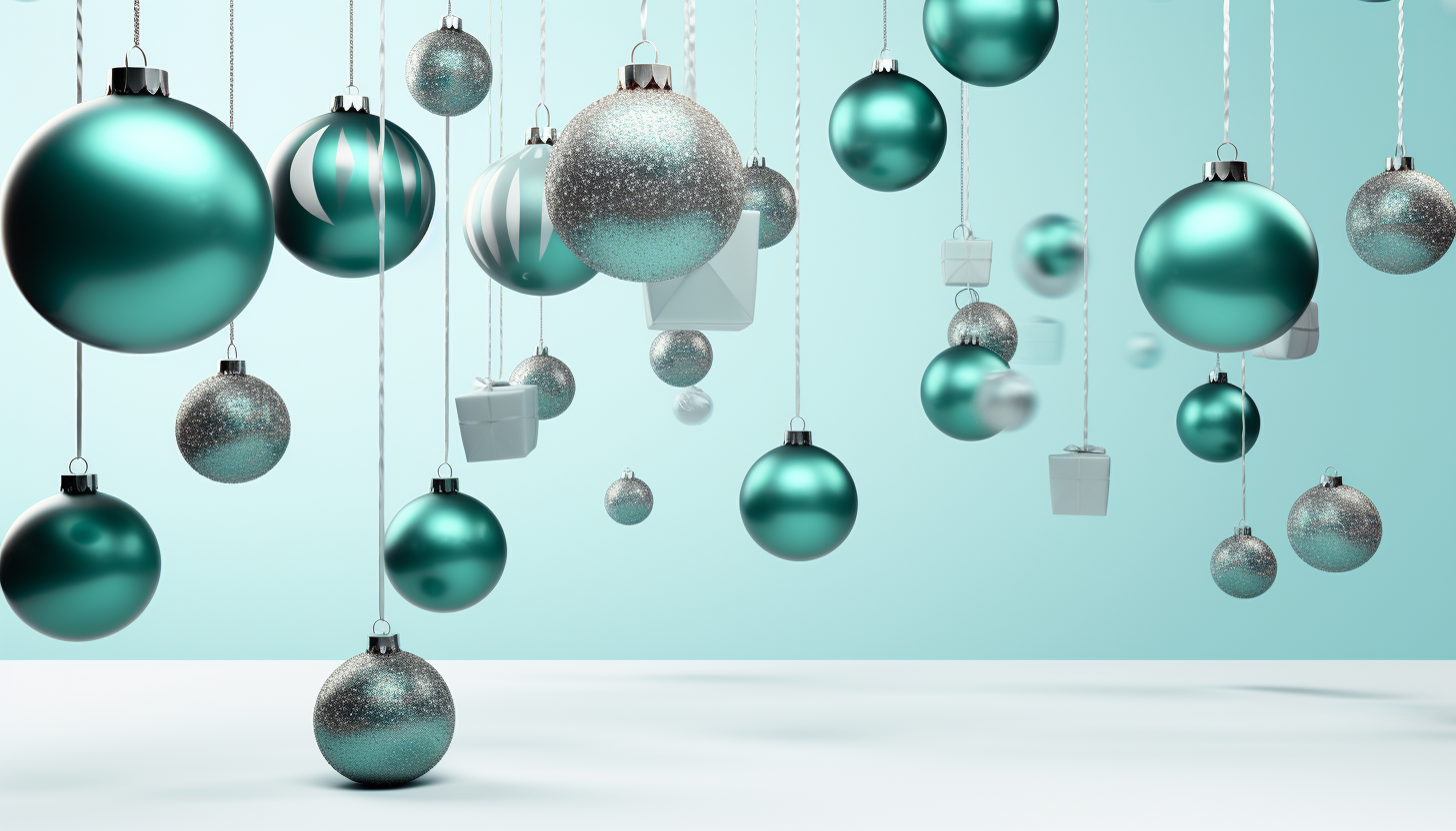 Floating teal and silver Christmas ornaments and gifts