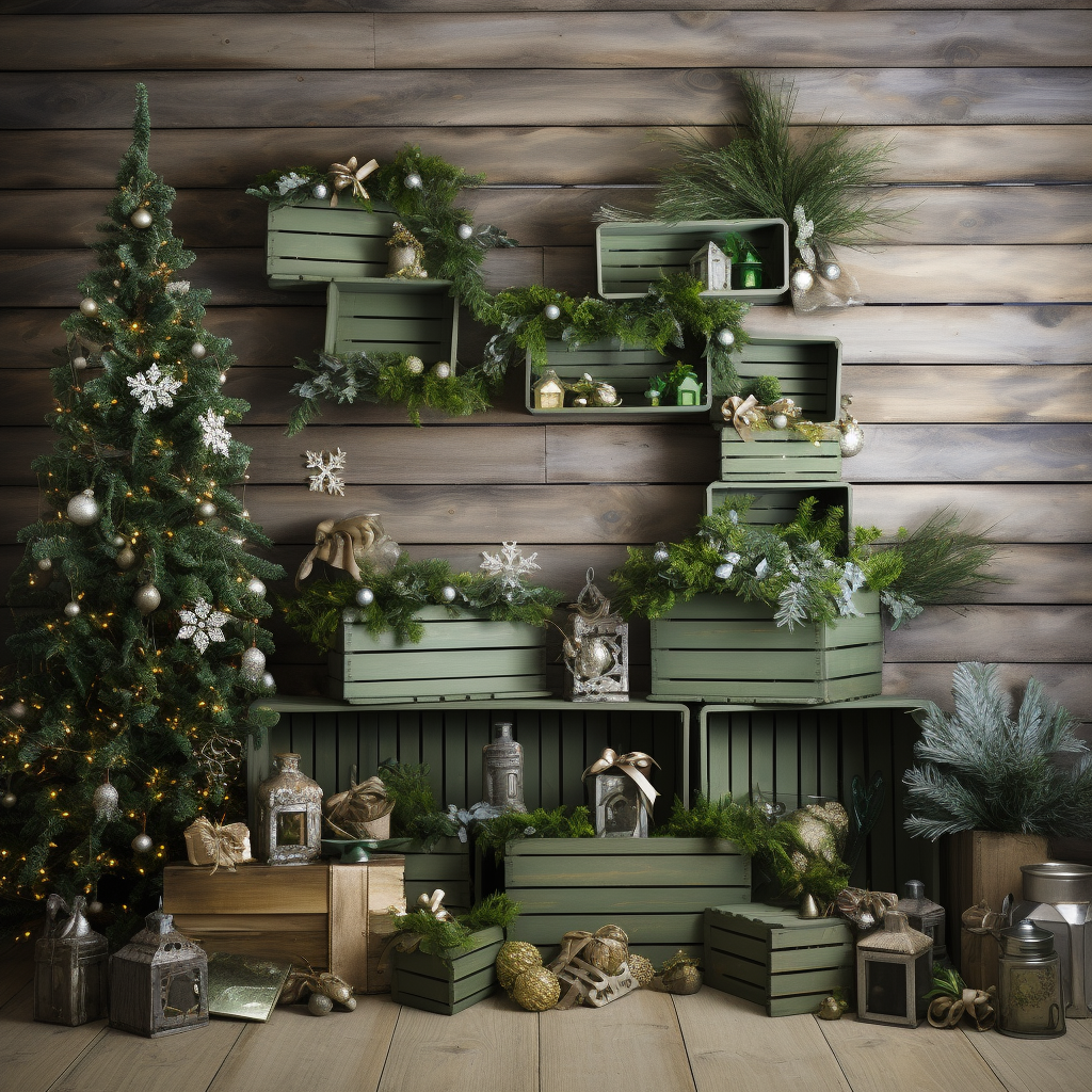 Christmas presents on greenish wood background