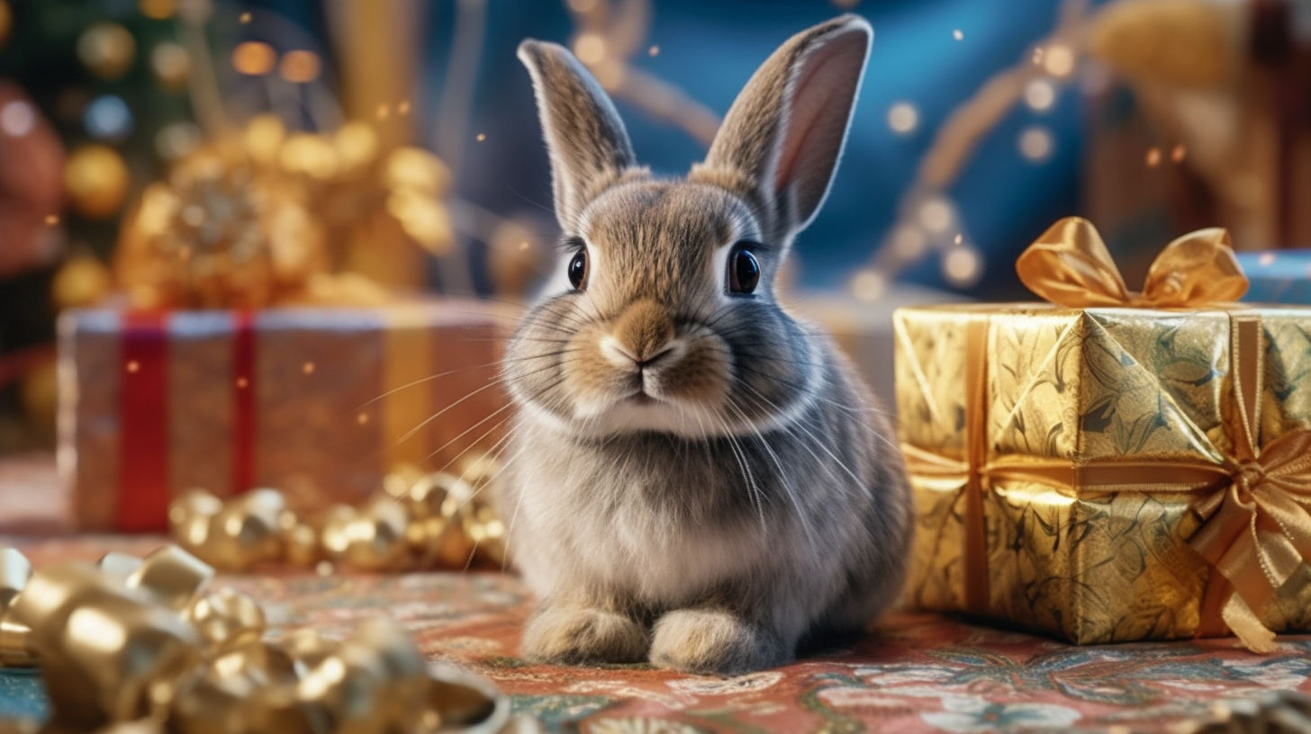 Hyper-realistic Christmas rabbit with gift box