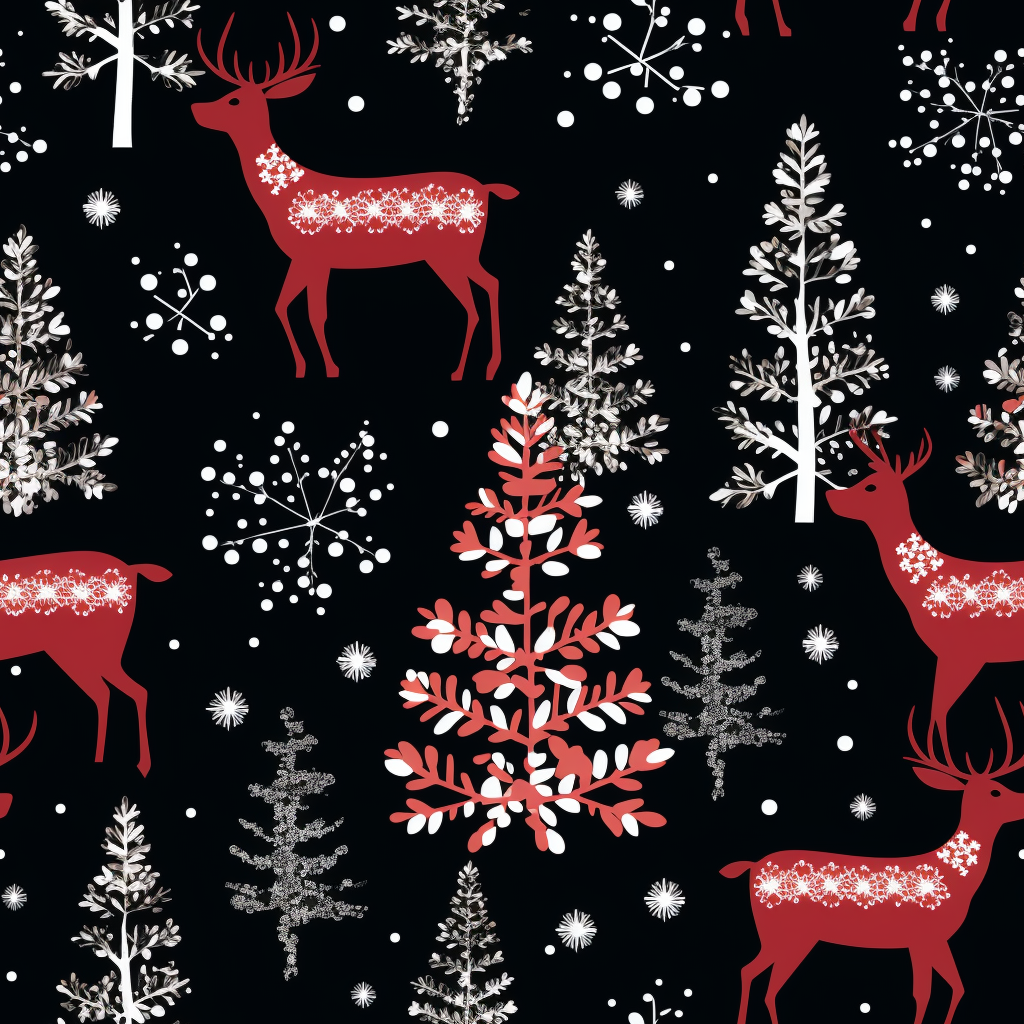 Christmas reindeer and snowflakes on red fabric