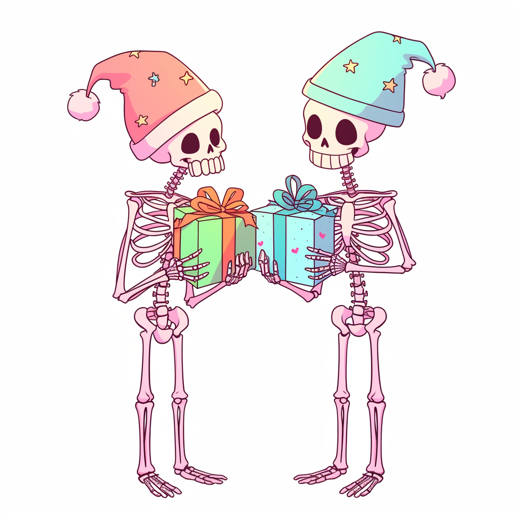 Two cute skeletons exchanging Christmas presents