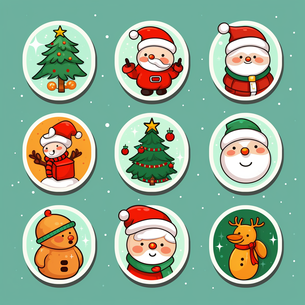 Festive Christmas stickers with snowman, reindeer, Christmas tree, and Santa Claus