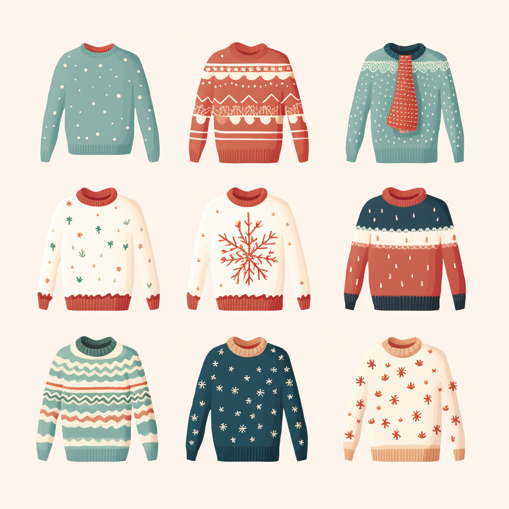 Various festive cartoon Christmas sweaters