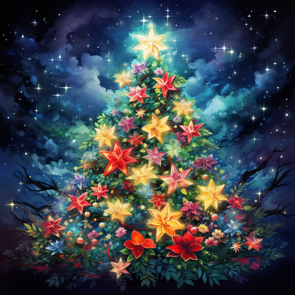 Vibrant Christmas tree with flowers and stars