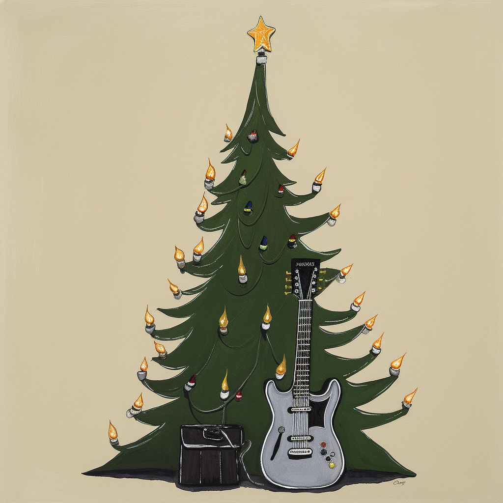 Cartoon Christmas tree playing guitar with sunglasses