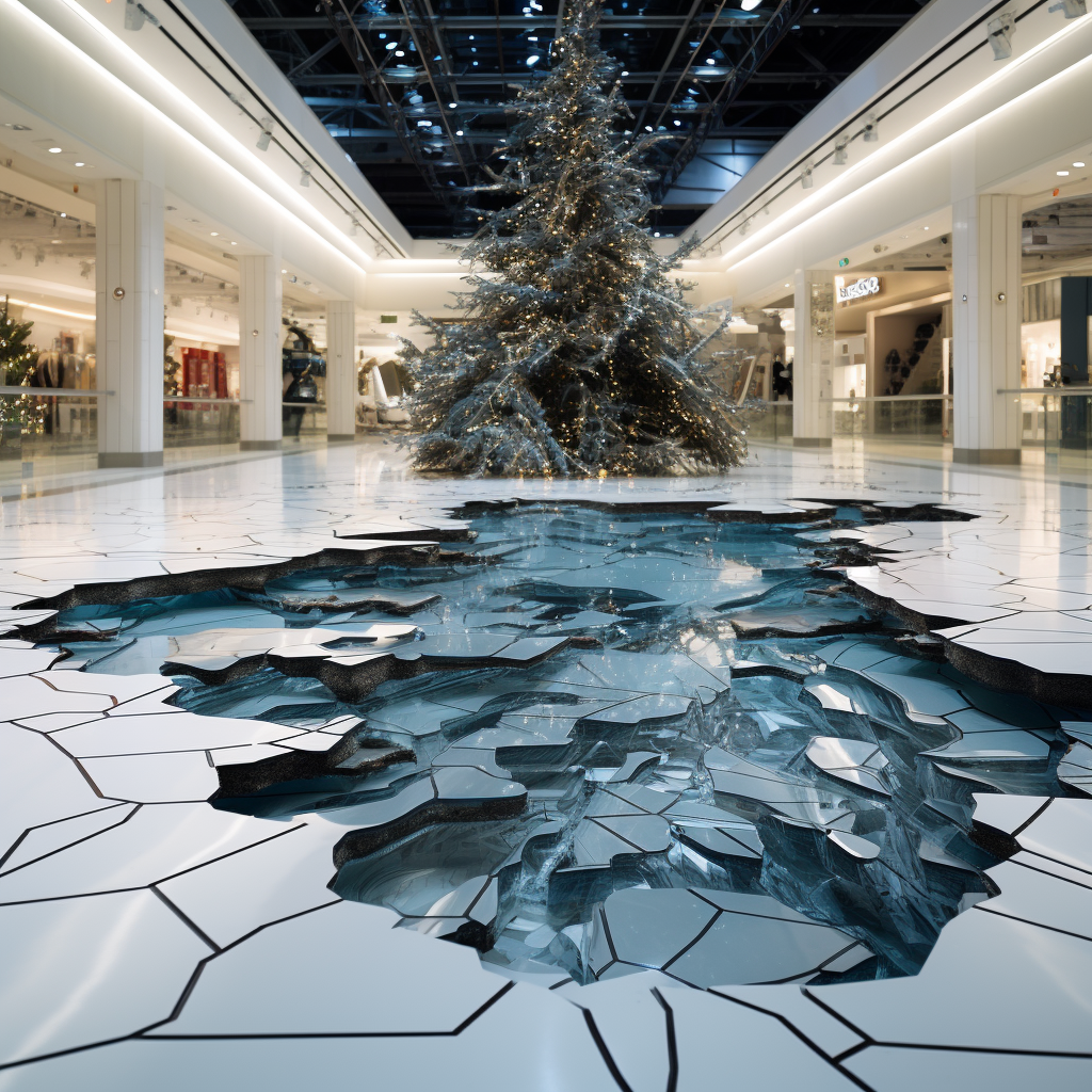 Hyper realistic Christmas tree at fractured mall floor