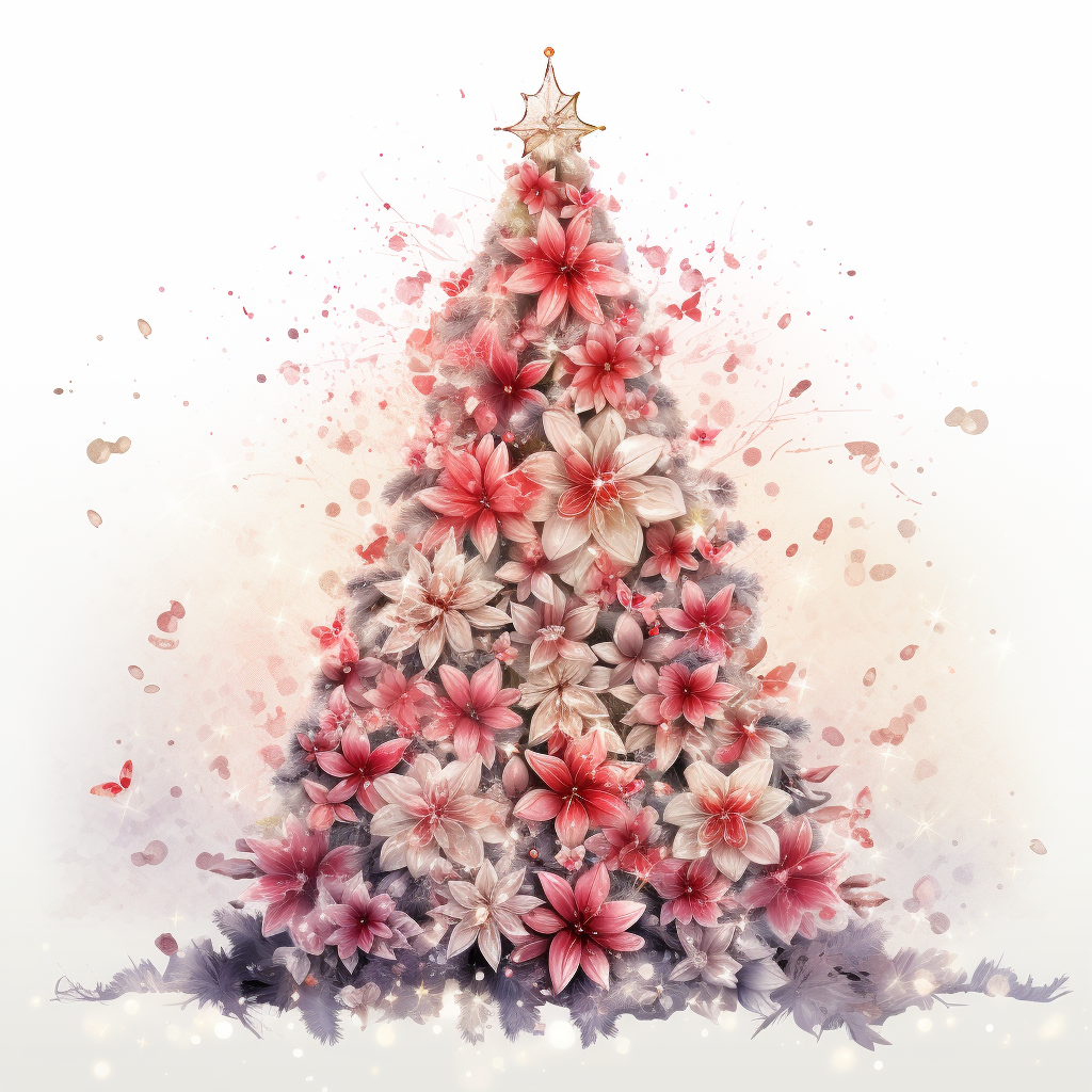 Christmas tree with red flowers and sparkling stars