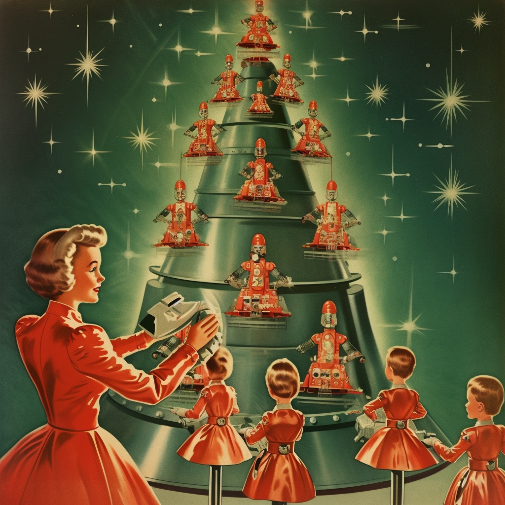 Christmas tree surrounded by retro robots