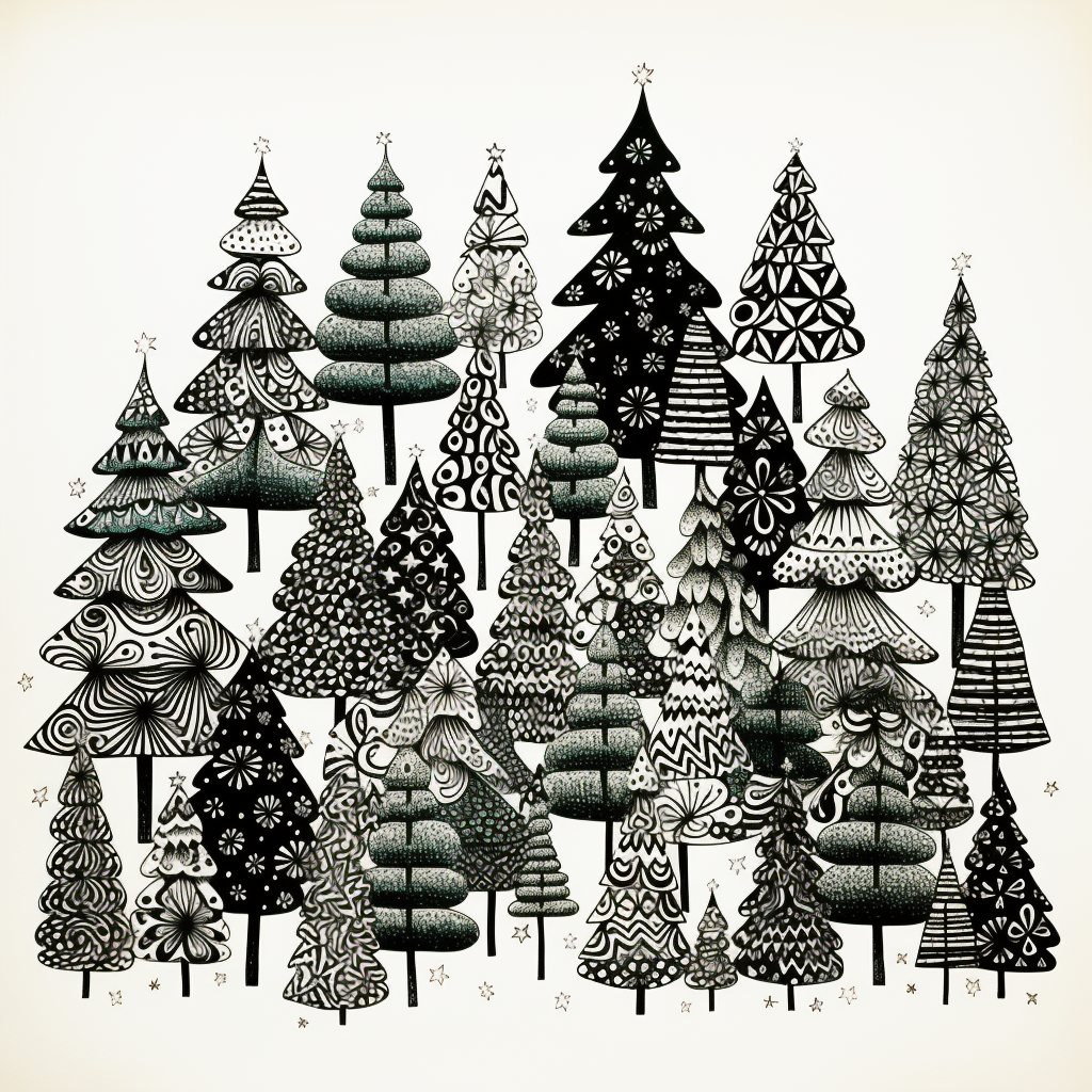 Black and white Christmas tree doodle art