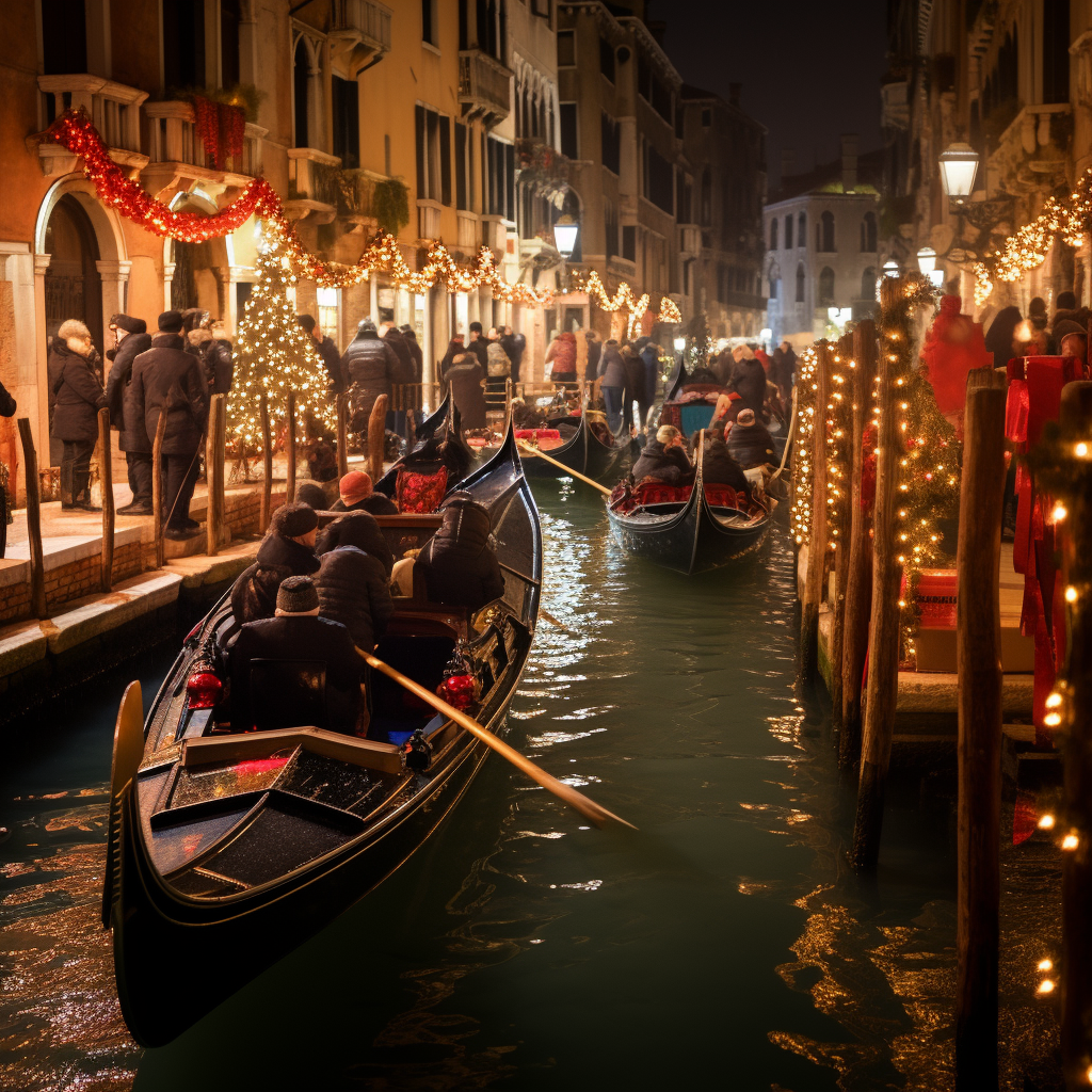 People Celebrating Christmas in Festive Venice Gondola