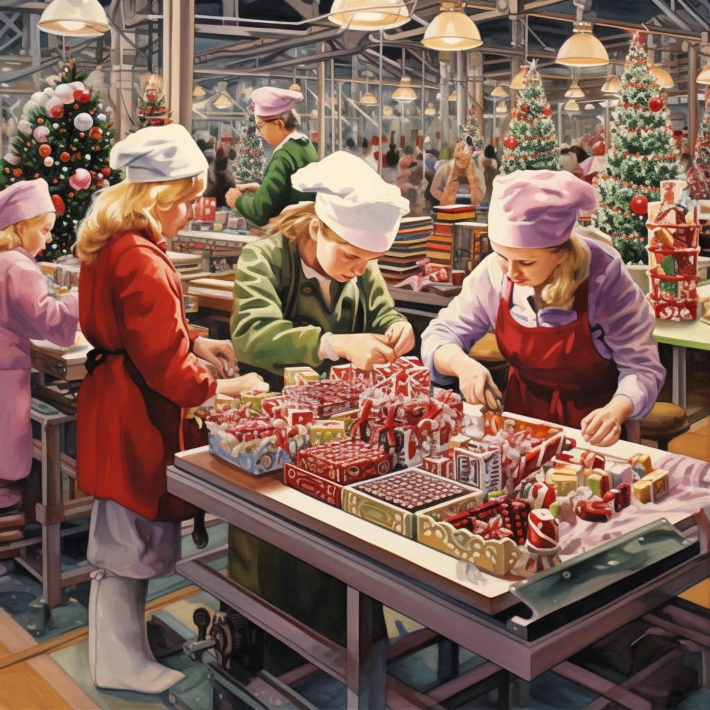 Colorful Christmas gifts production line painting