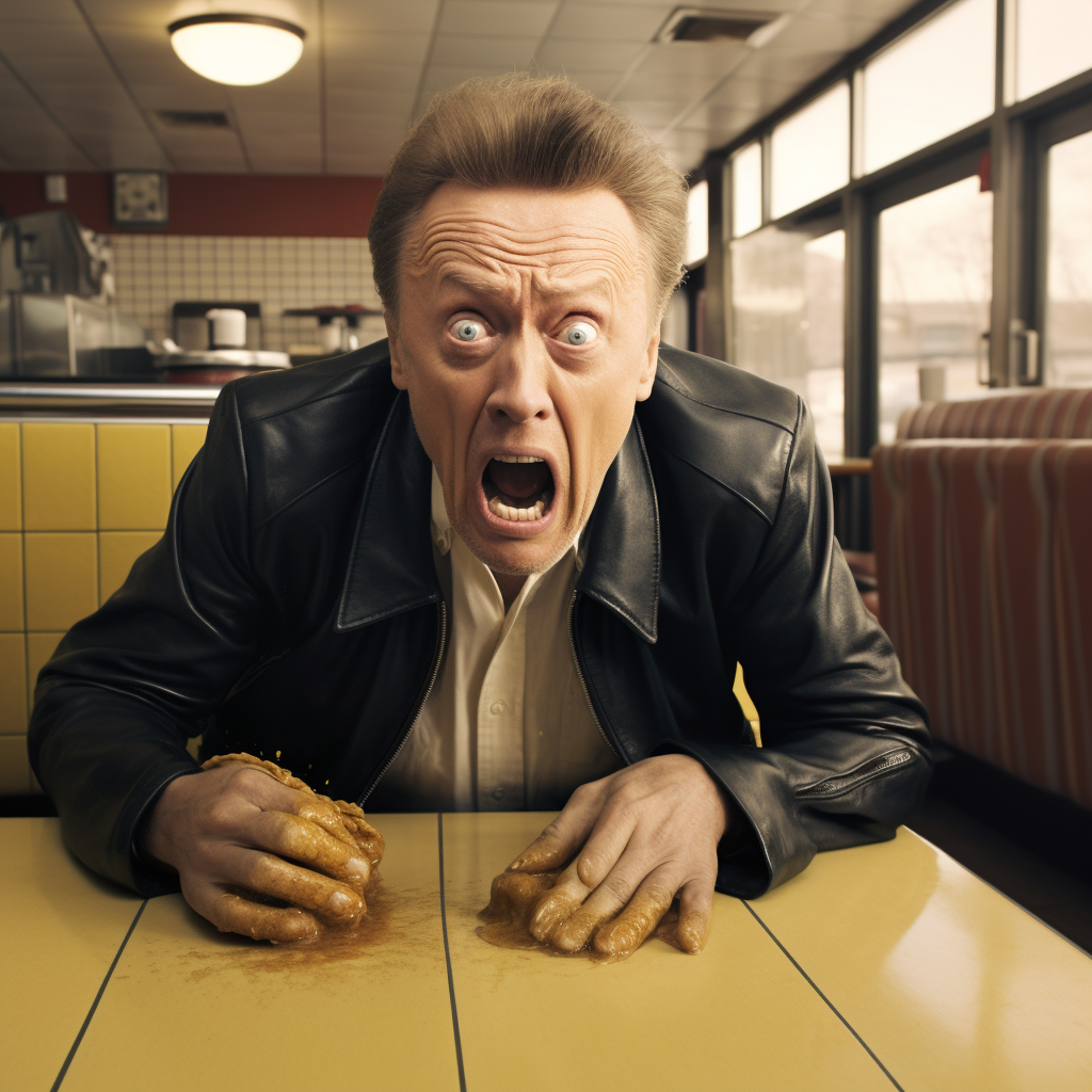 Overhead view of Christopher Walken freaking out at Waffle House