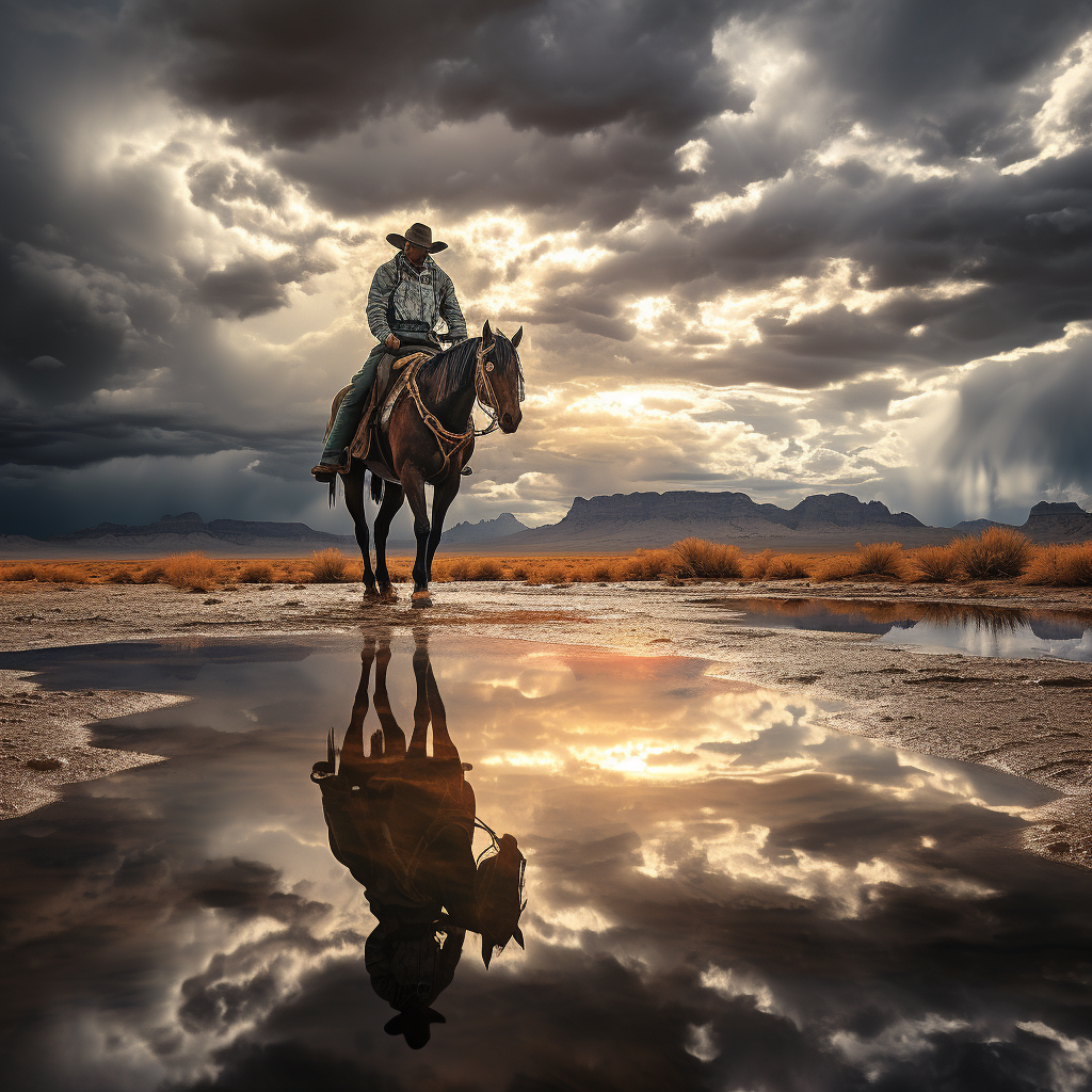 Chrome Cowboy on Horse in Desert