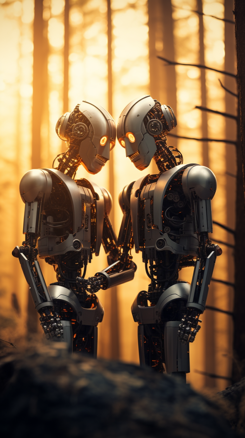 Chrome robots embracing surreal forest