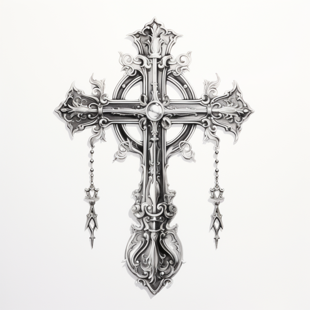 Black and white chrome rosary cross sketch