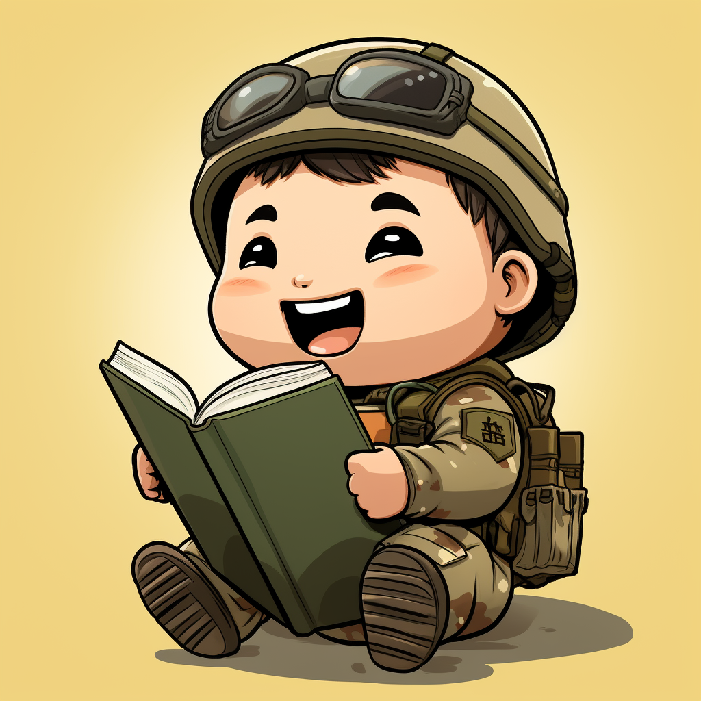 Cute American soldier reading Chinese history book