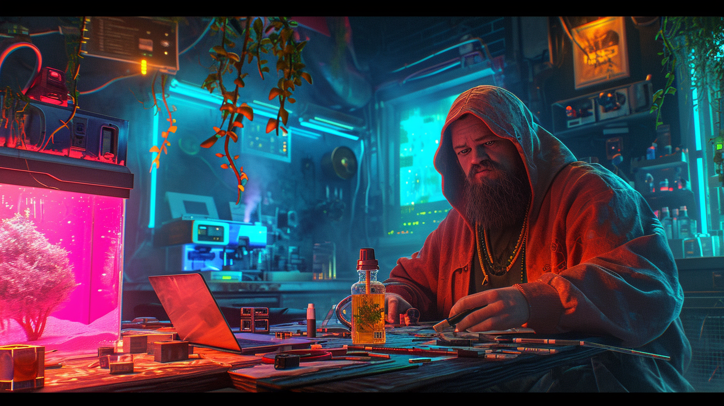 Chubby bearded man smoking in cyberpunk workshop