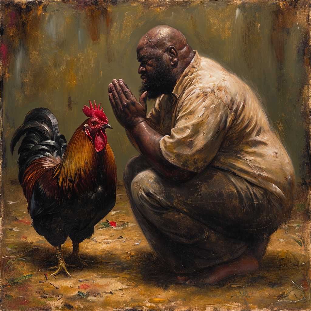 Chubby Black Man Praying Rooster