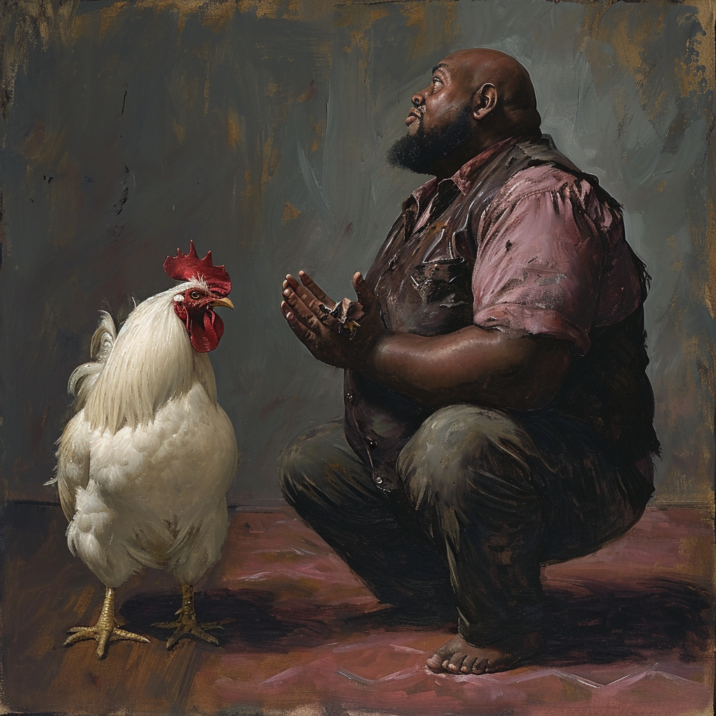 Chubby black man praying to white rooster