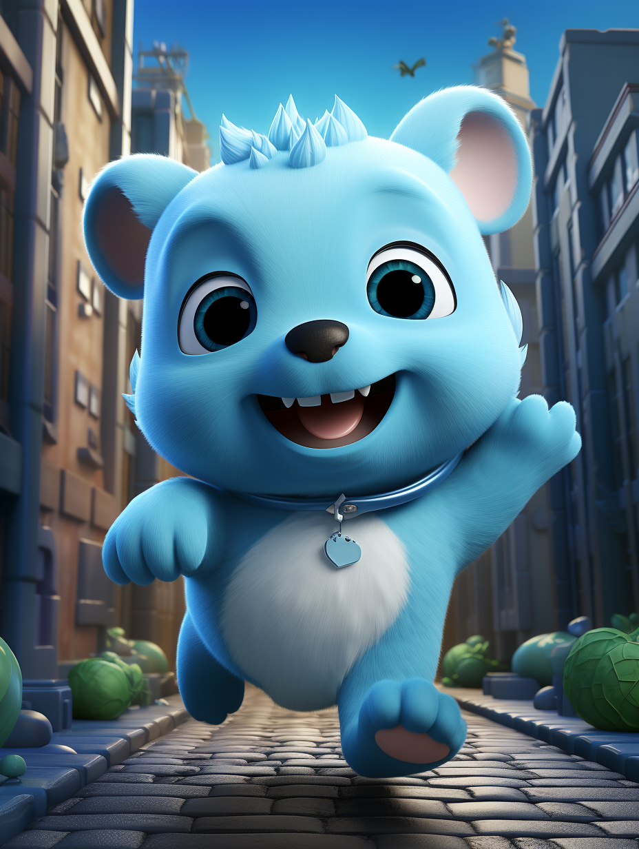 Adorable chubby blue puppy running in futuristic city