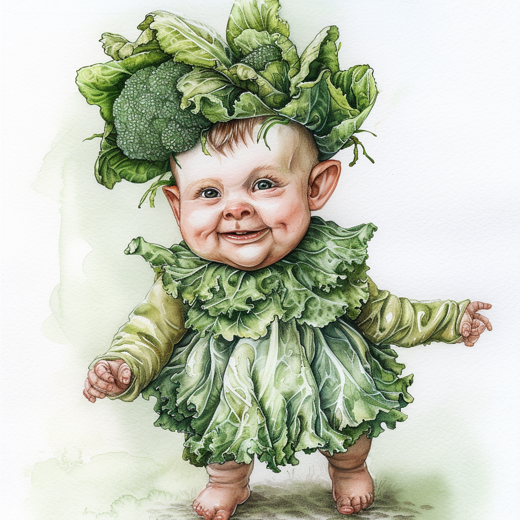 Cute baby in cabbage dress with broccoli crown