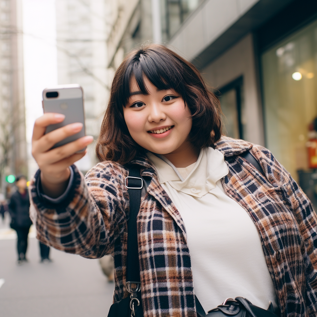 Chubby Japanese girl taking selfie in fashionable city