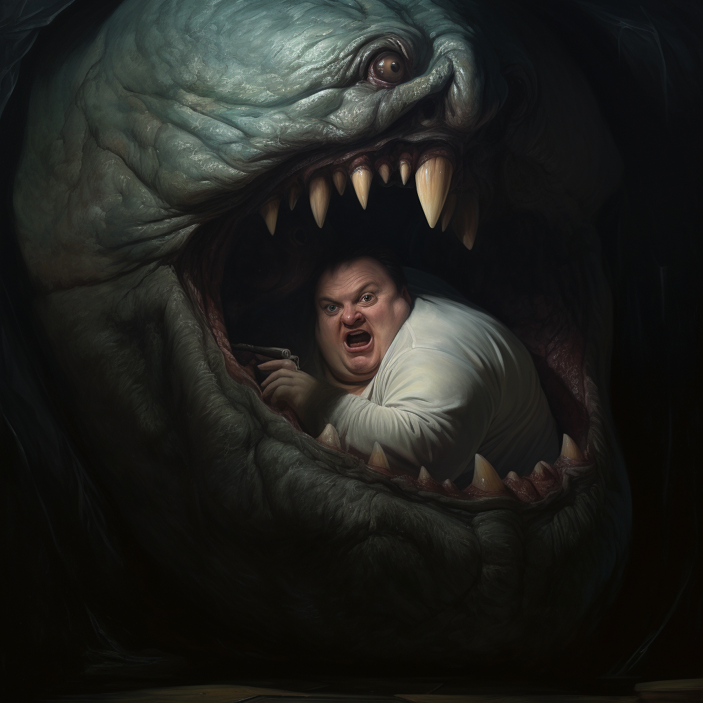 Chubby man trying to escape monster's mouth