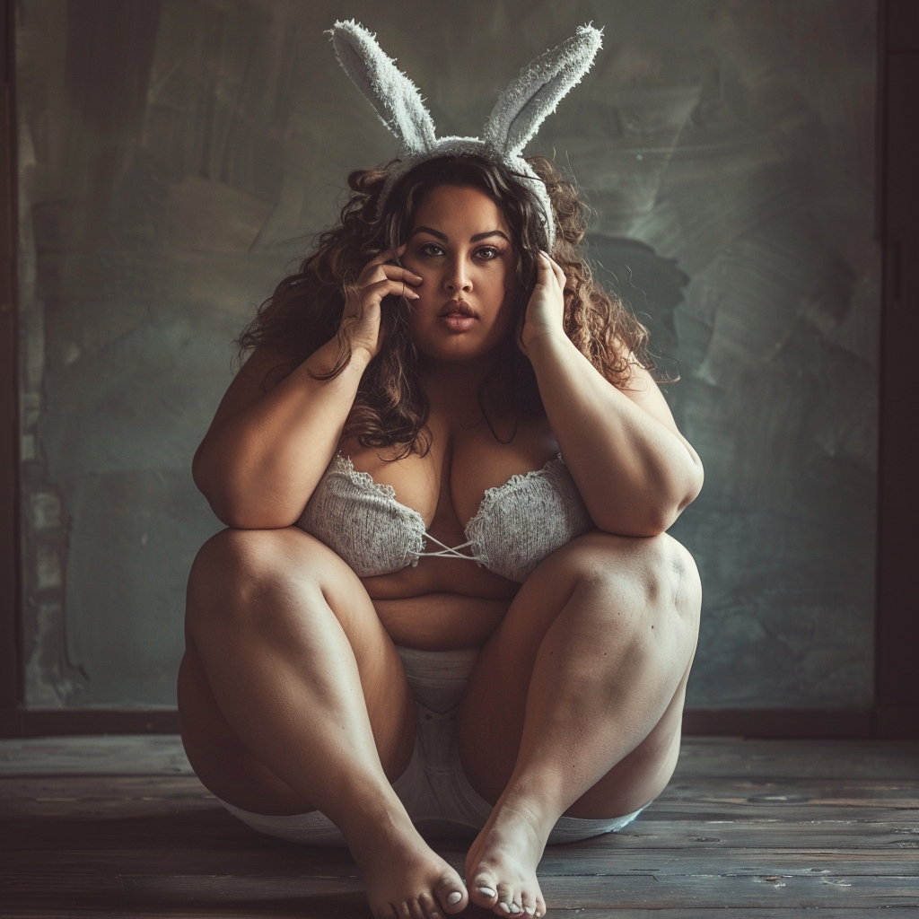 Chubby woman with bunny ears