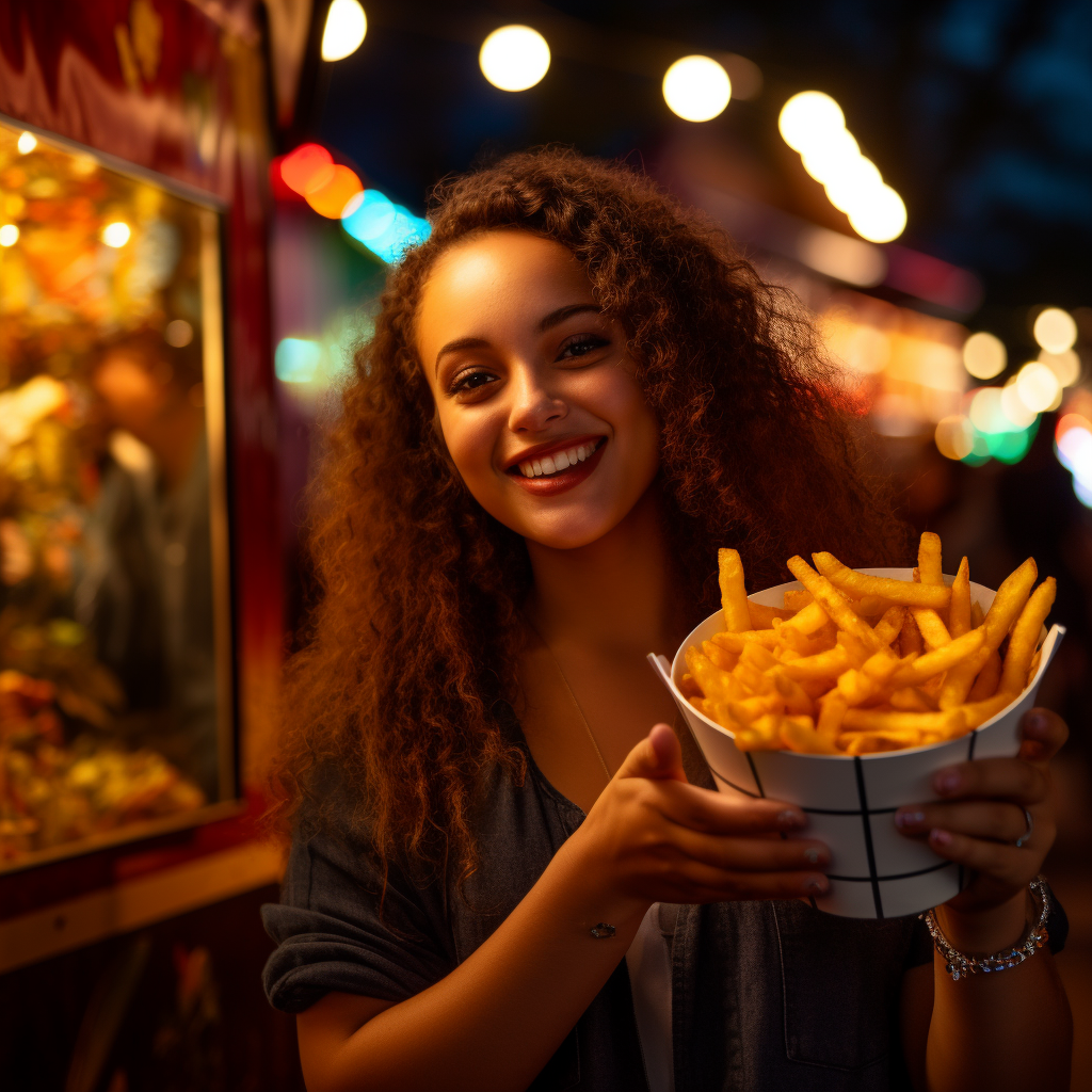 Chubby woman enjoying french fries at a food truck during a carnival night with bokeh lights.