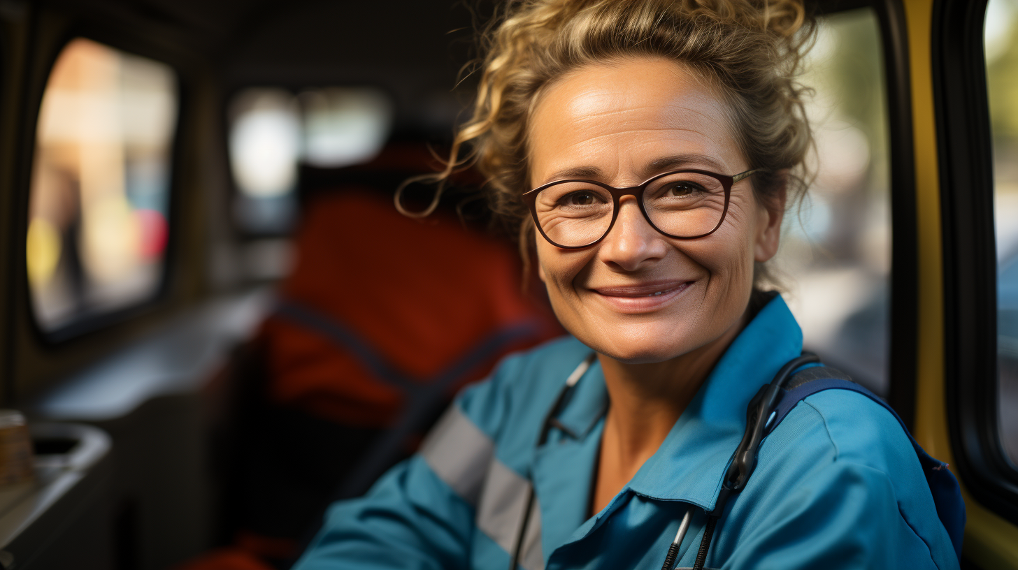 Smiling woman in Red Cross ambulance uniform