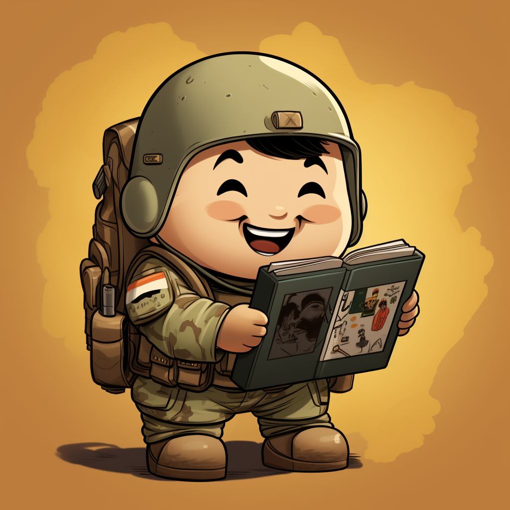 Cute American soldier happily reading Chinese history book