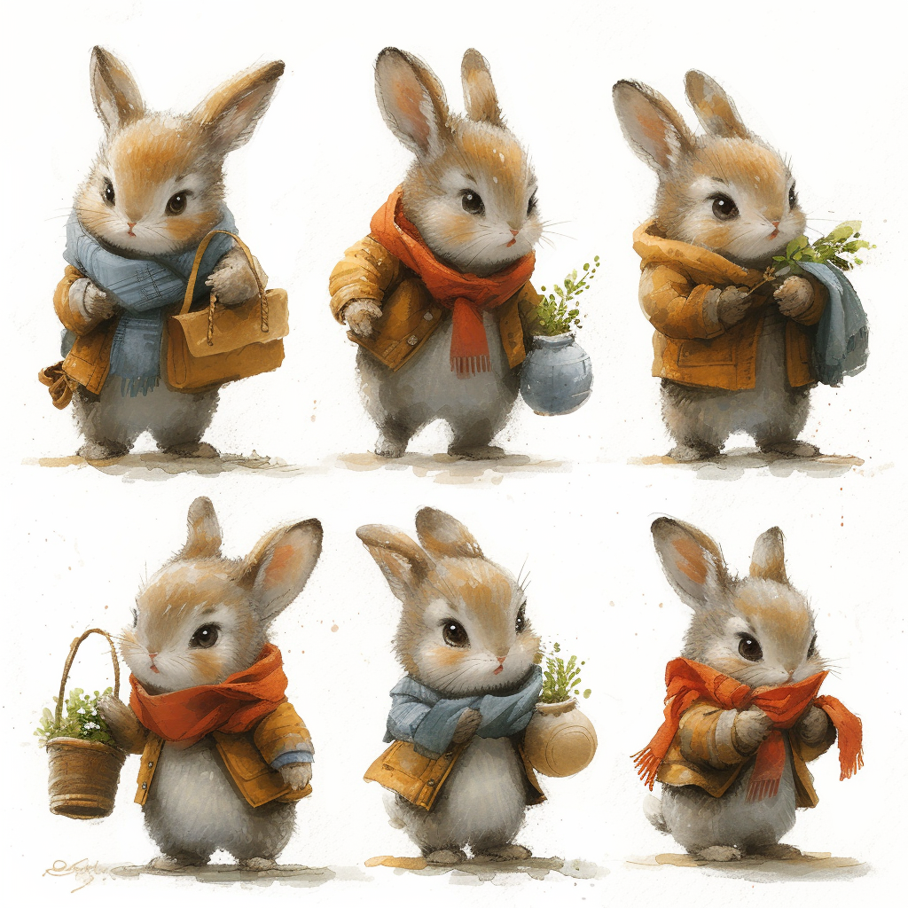 Cute bunny carrying various items