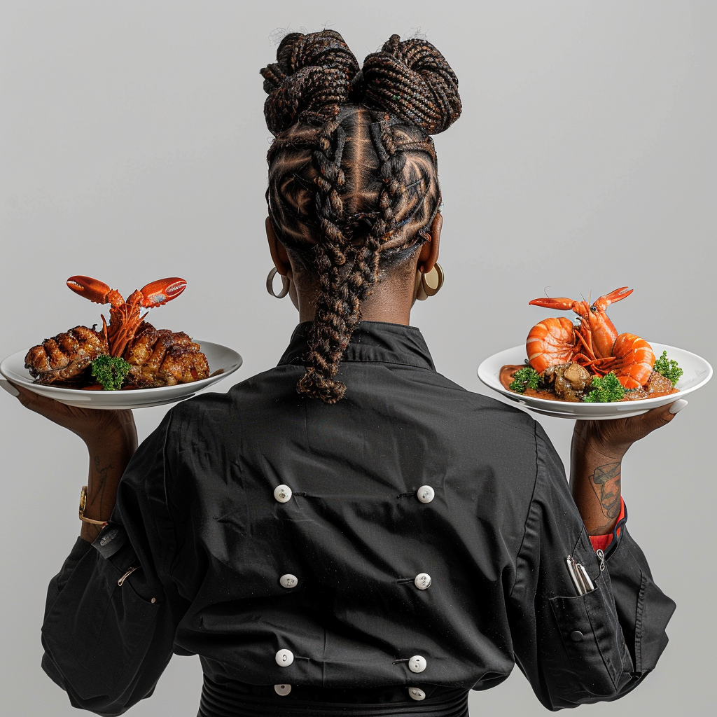 Female chef with seafood plates