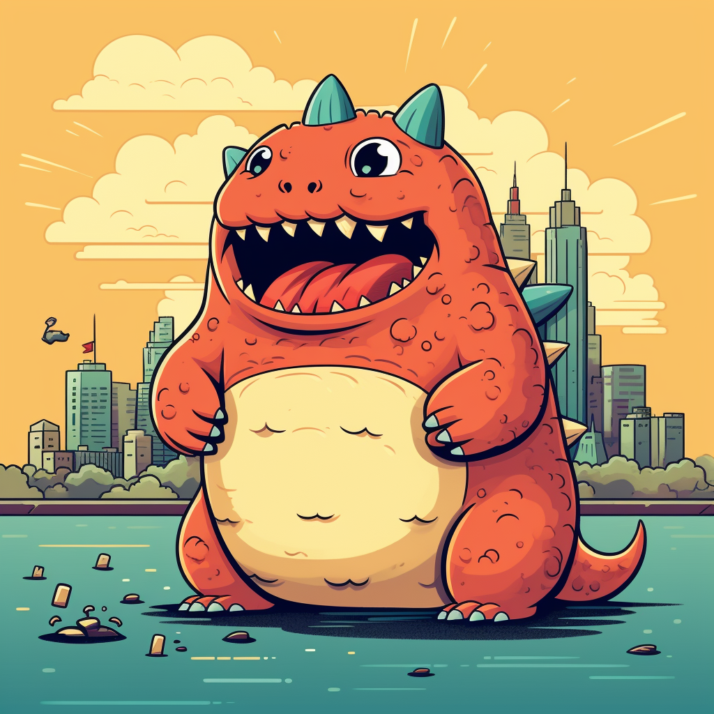 Adorable chubby Godzilla in cartoony style