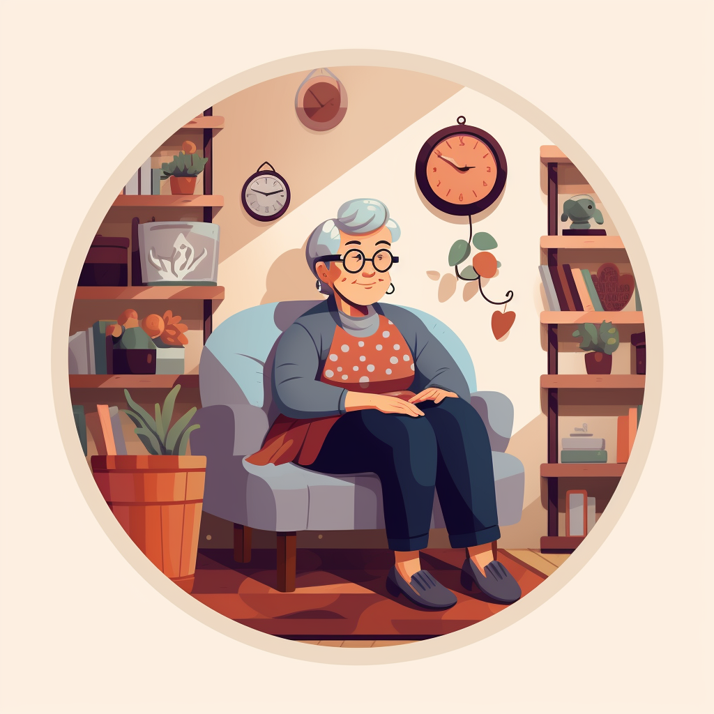 Elderly chubby lady sitting on sofa in clothing store