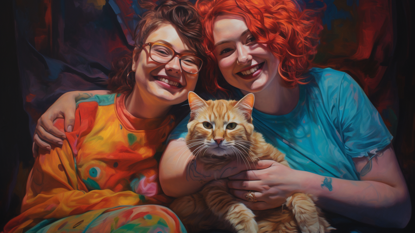 Two chubby lesbians with long furred cat