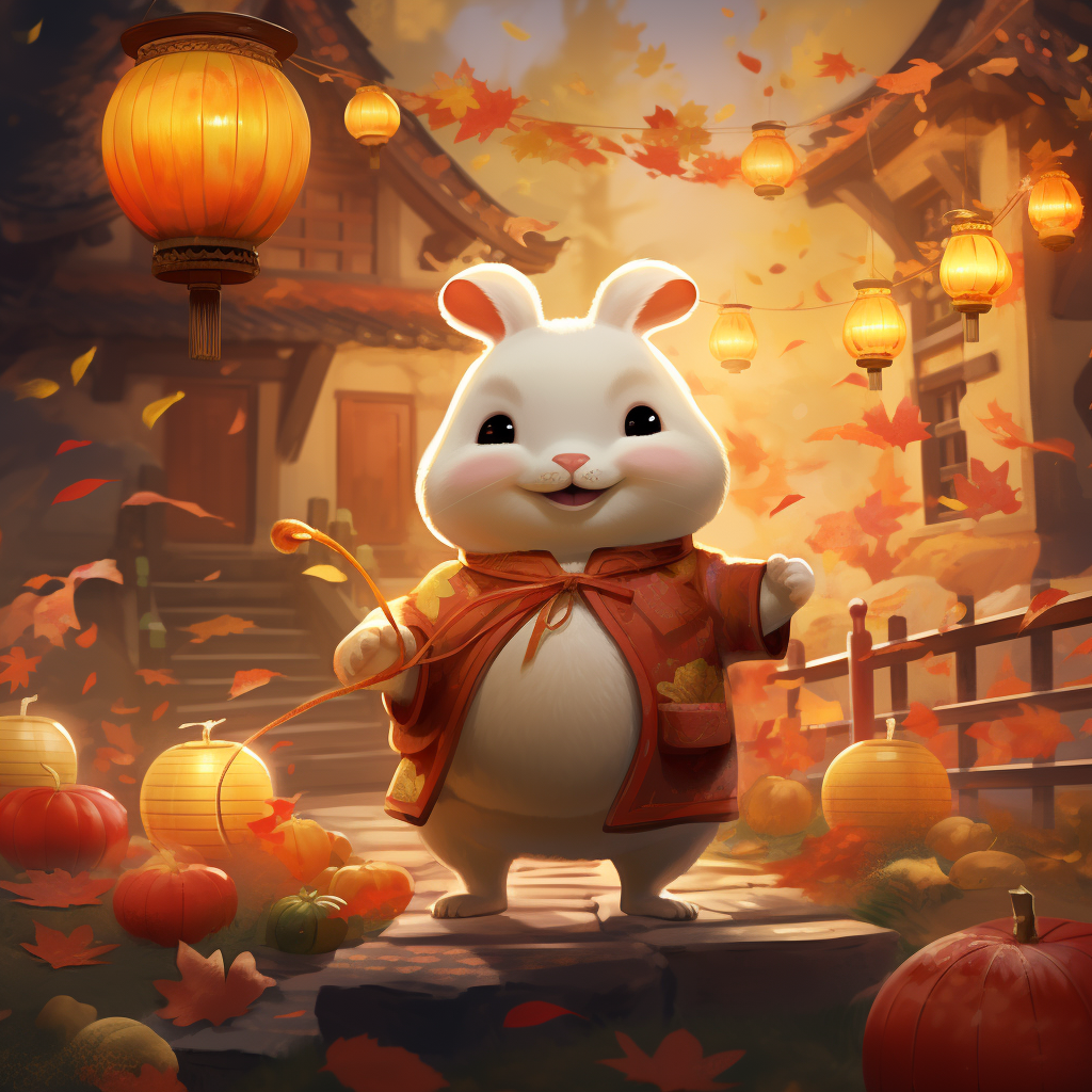 Adorable chubby rabbit in mid-autumn festival