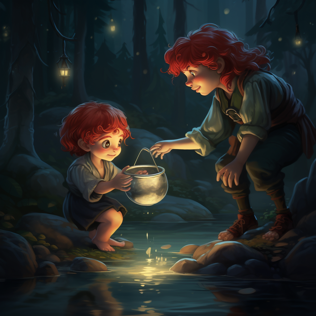 Chubby redheaded female elf offers water to halfling