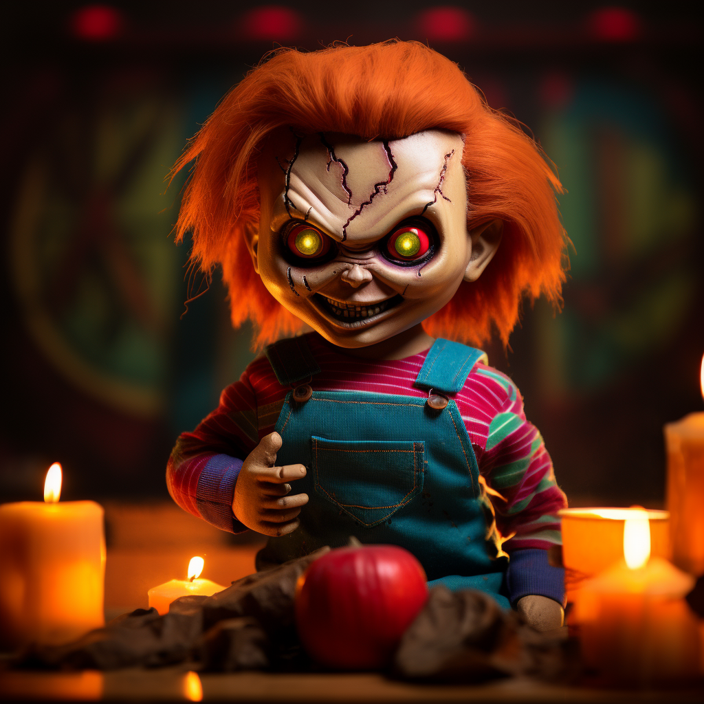 Chucky doll Halloween party with pumpkin