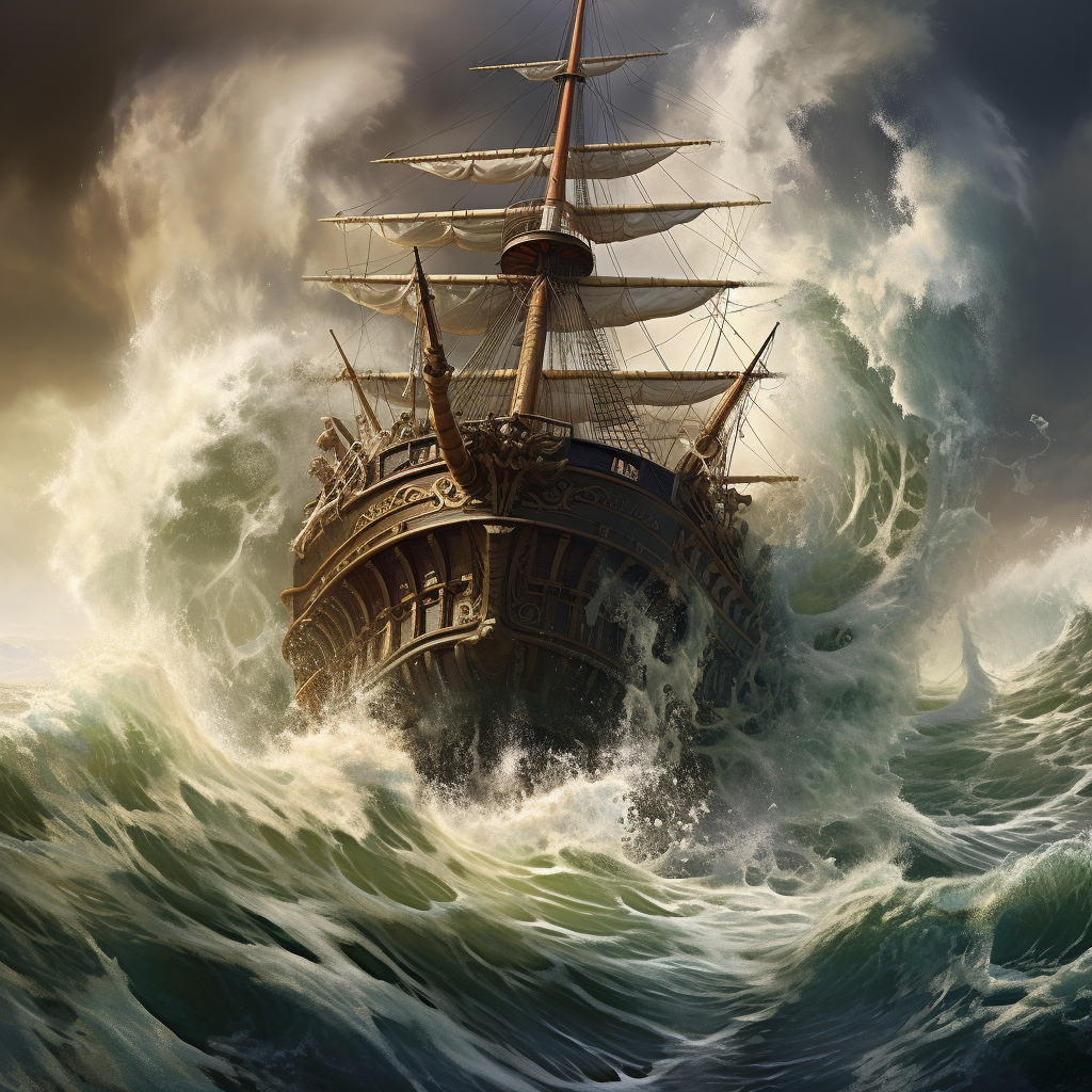 Mighty ship conquering fierce waves