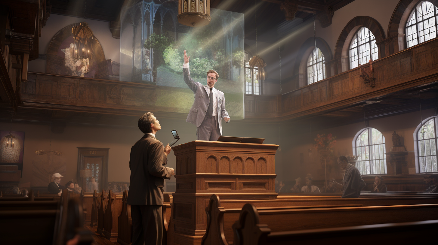 AI preacher delivering sermon in church