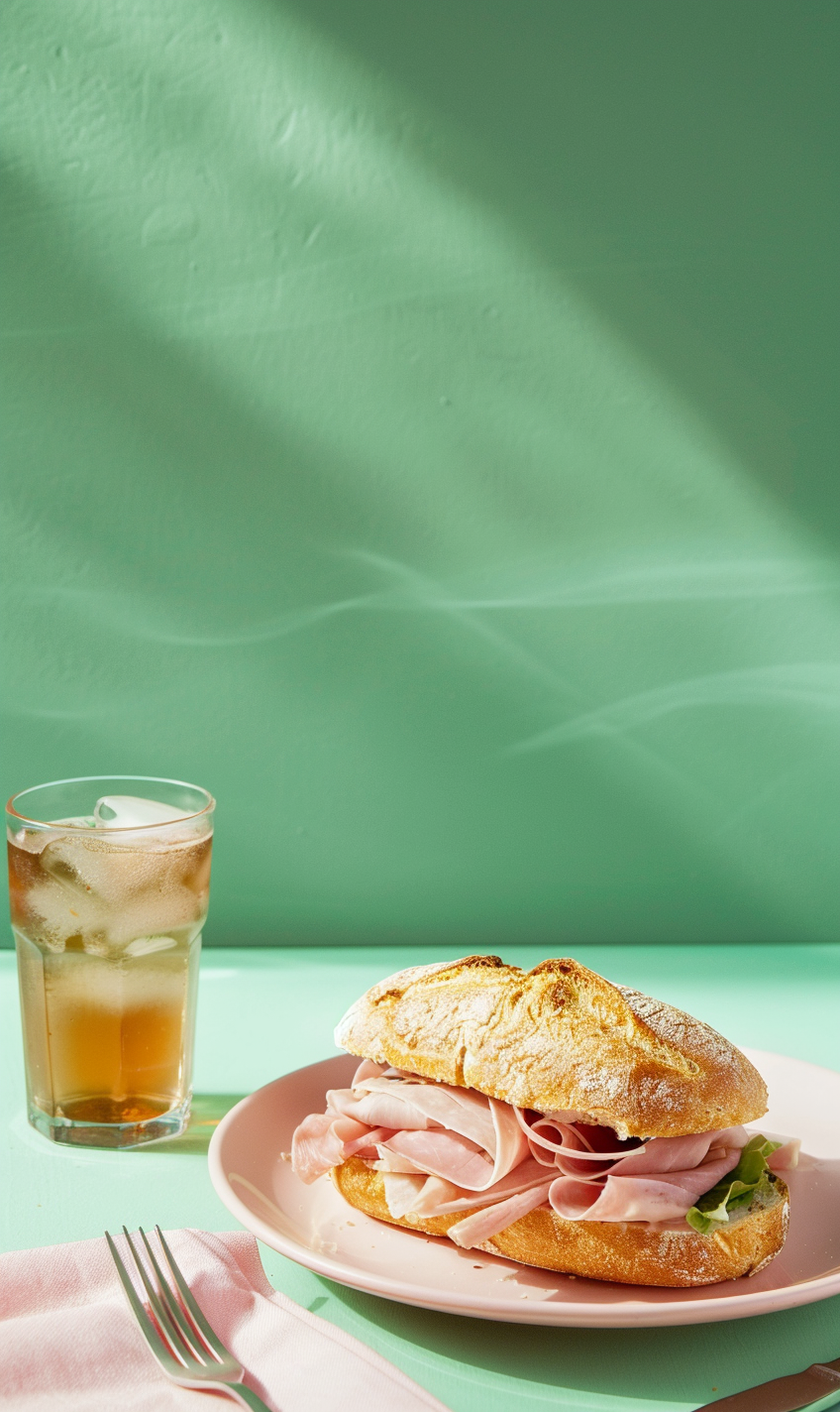 Ciabatta Ham Sandwich on Pink Plate