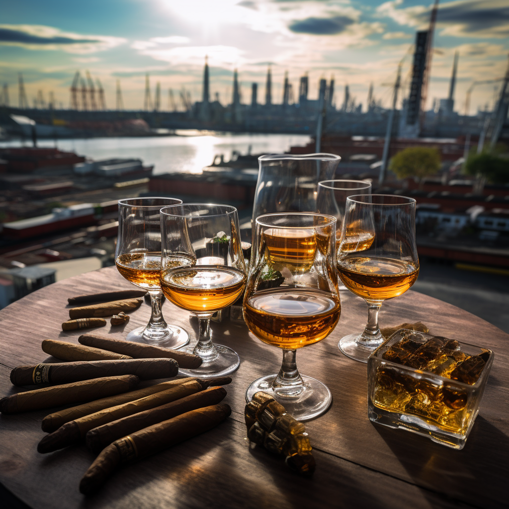 Cigars and beer on table with refinery view