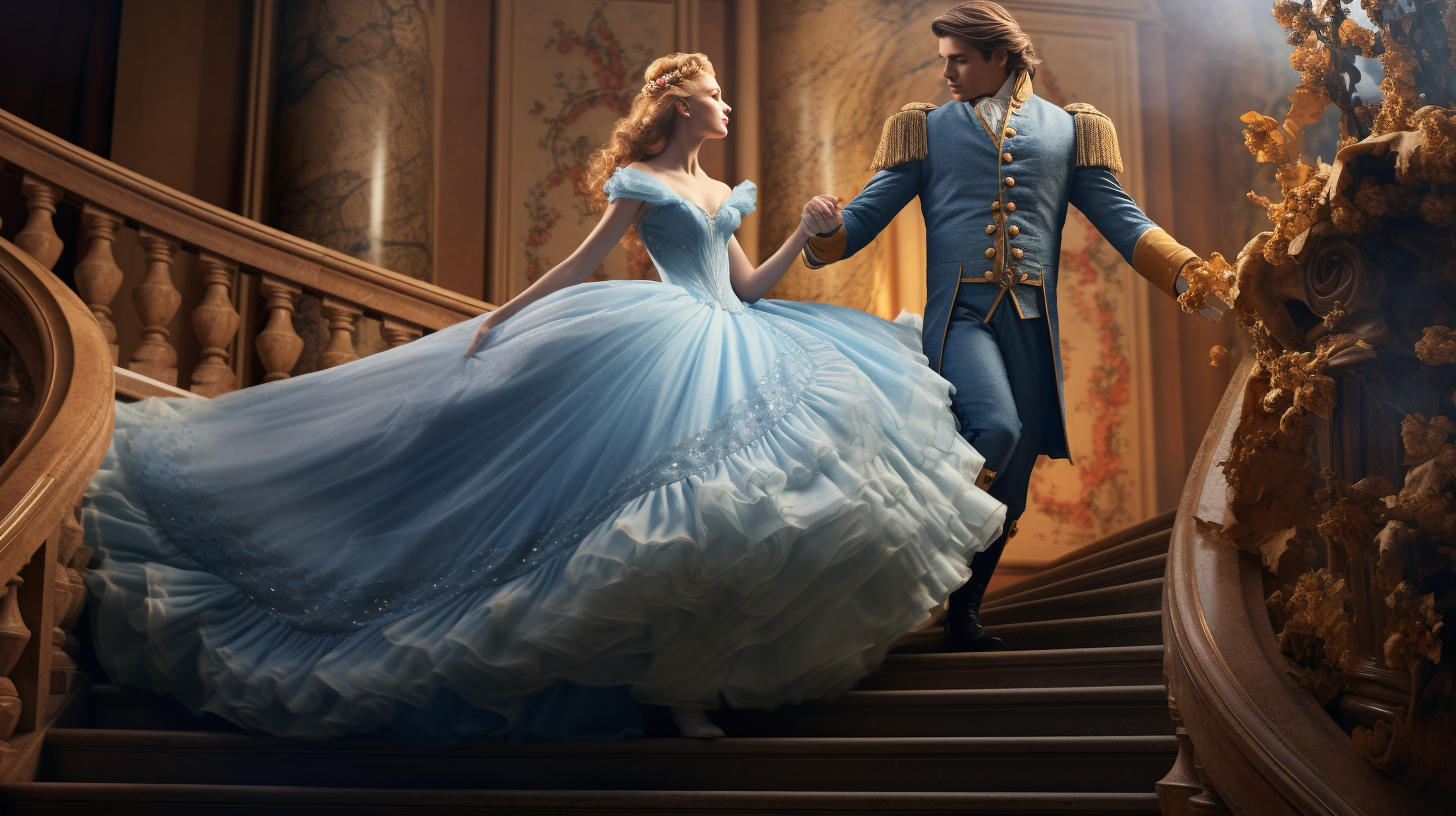 Cinderella waltzing with prince in blue dress