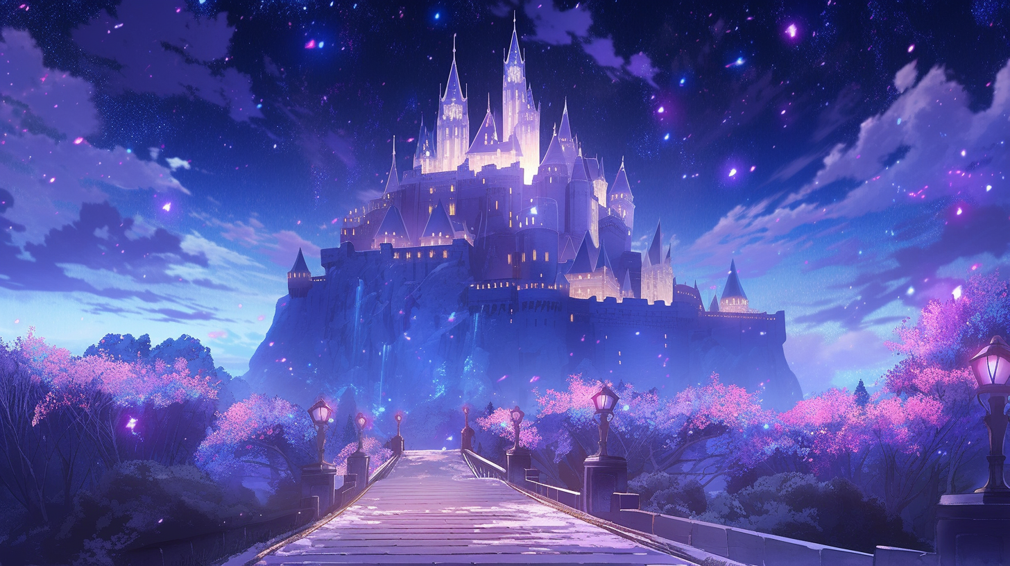 Path leading to Cinderella's enchanting castle at night