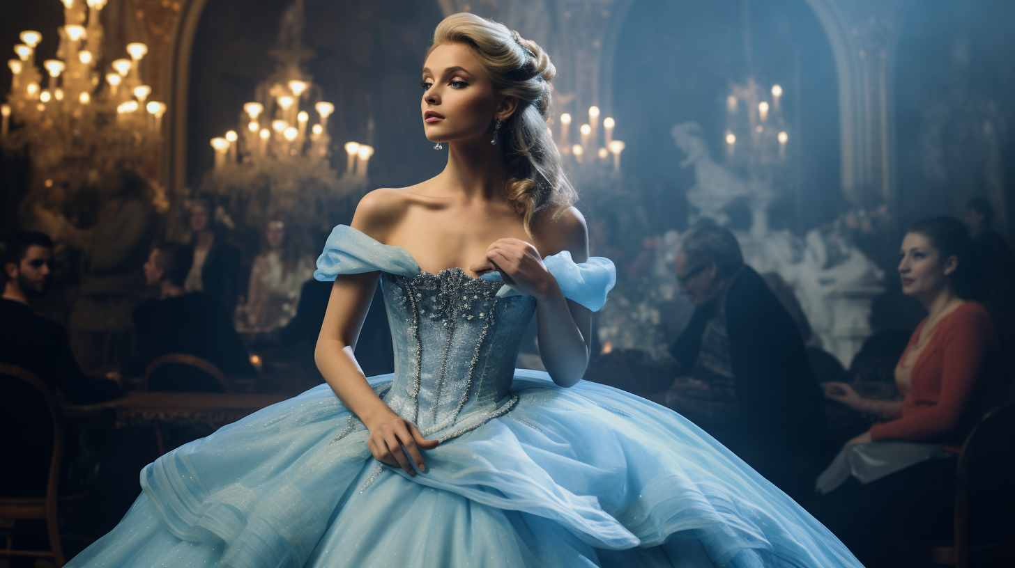 Cinderella shocked in a beautiful dress