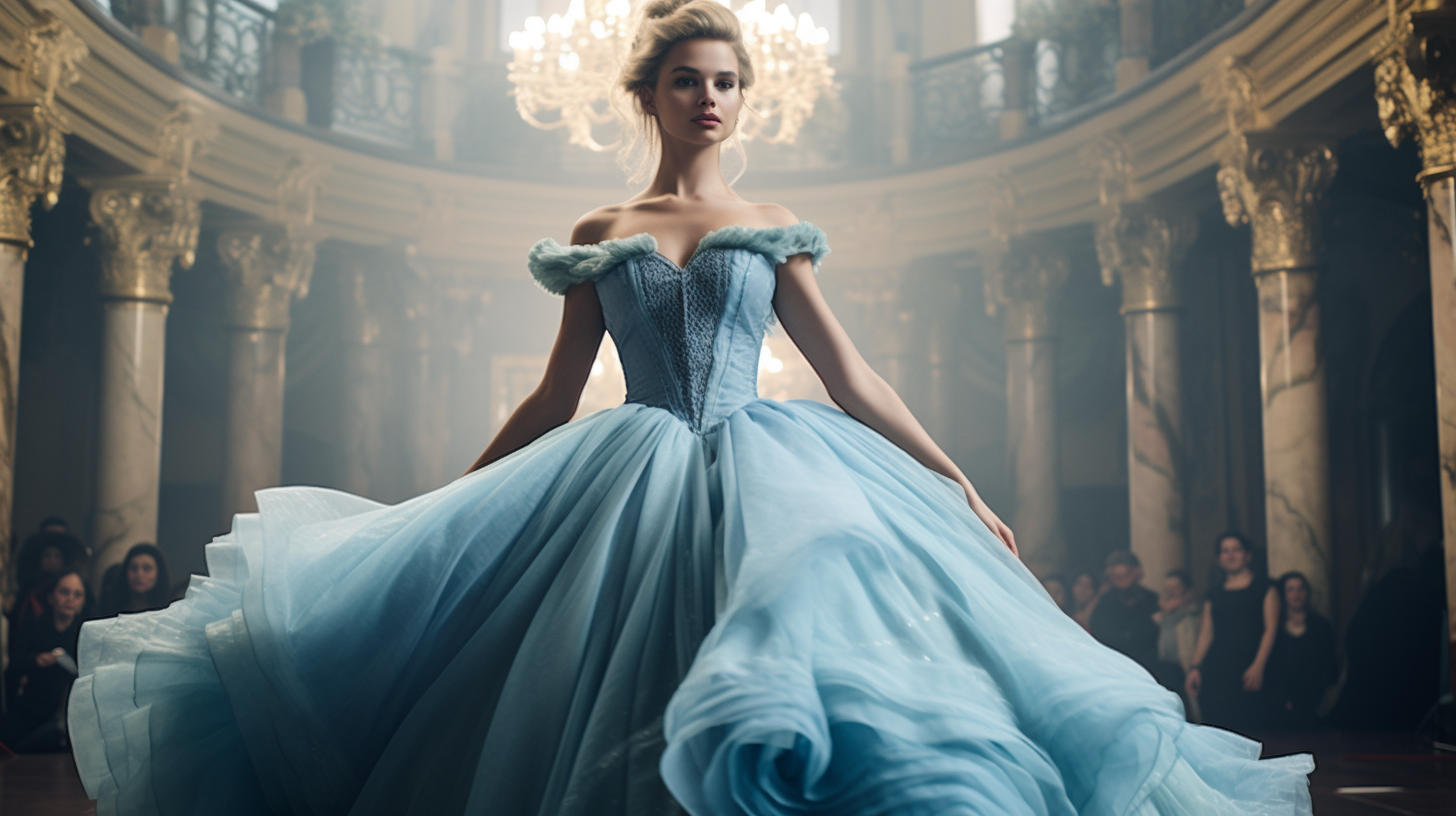 Cinderella in stunning ball gown surprised at the camera