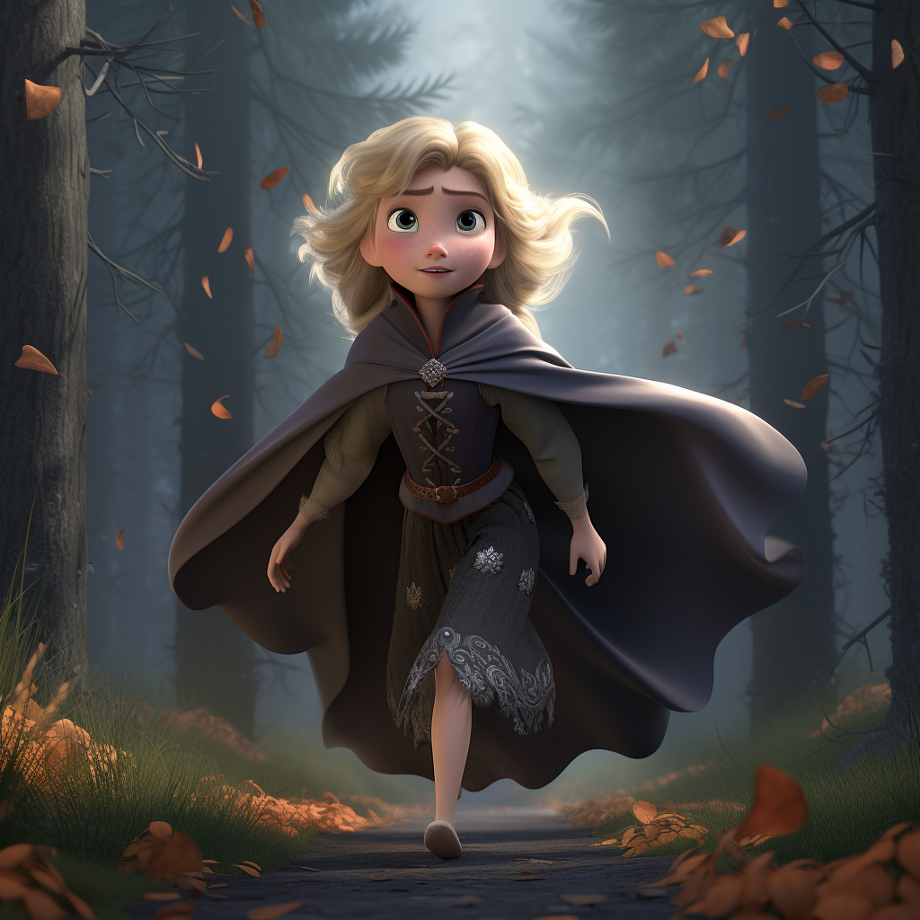 Cinderella in leather armor running through dark forest